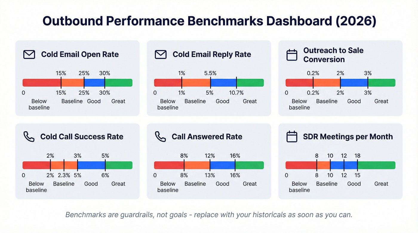 Visual benchmarks dashboard for outbound KPIs in 2026