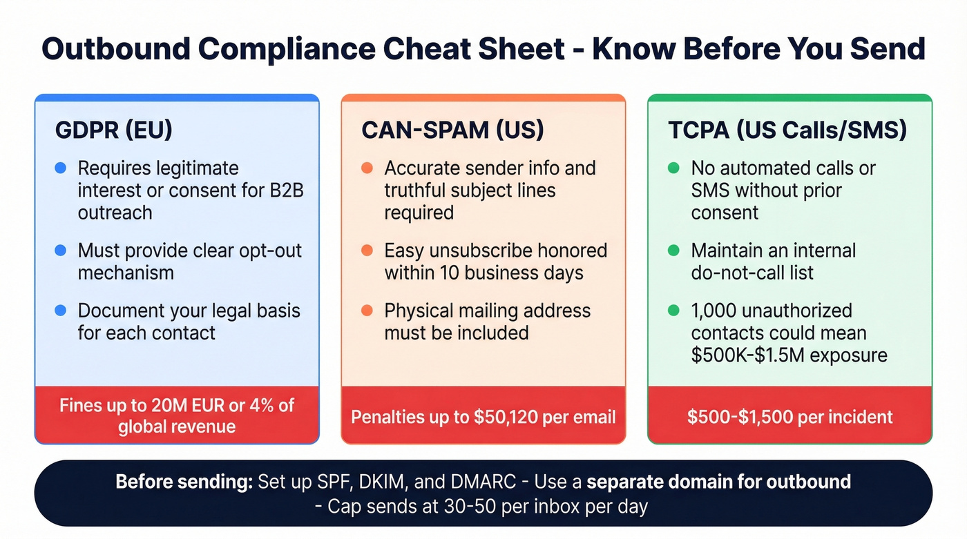 Outbound compliance cheat sheet for GDPR CAN-SPAM TCPA