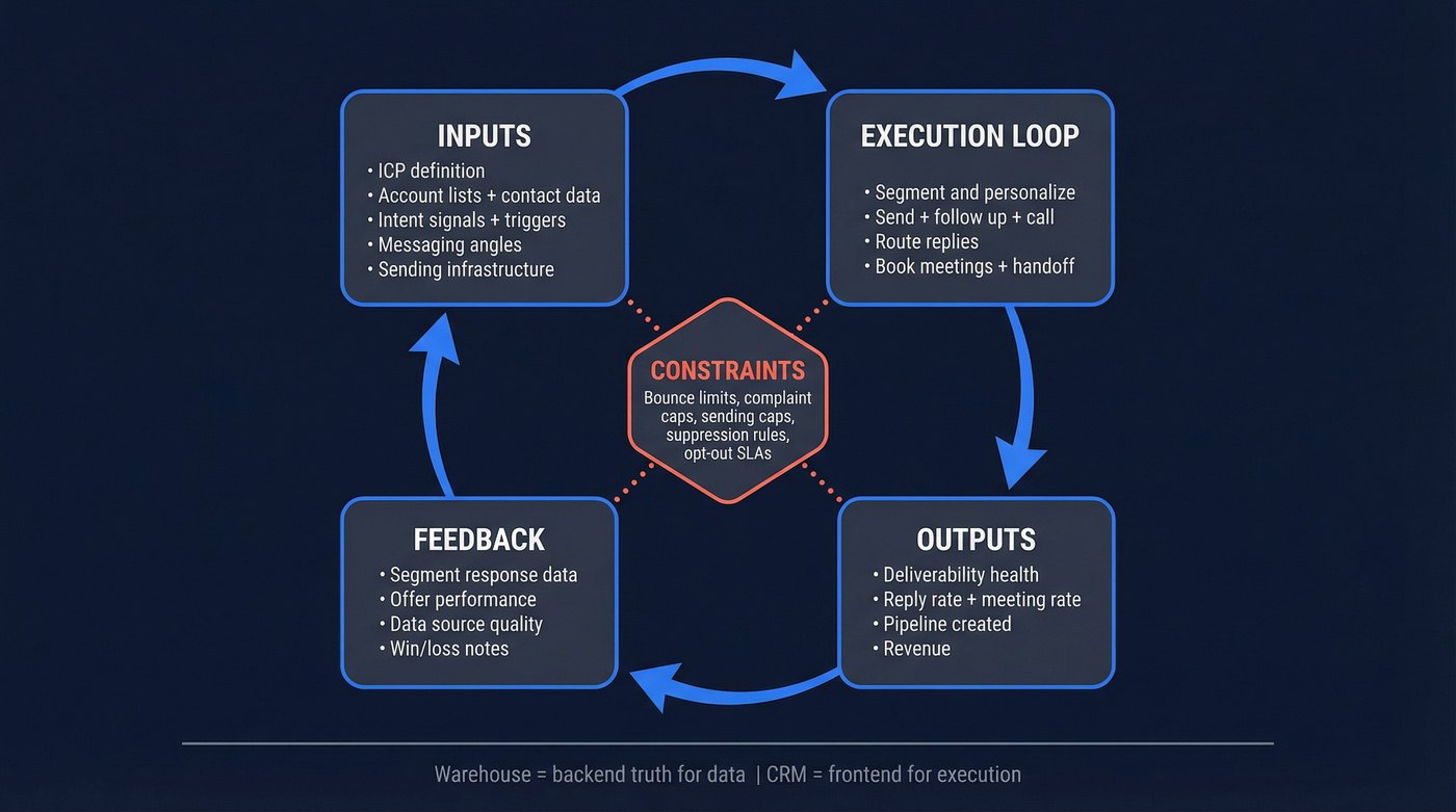 Outbound sales engine loop from inputs to feedback