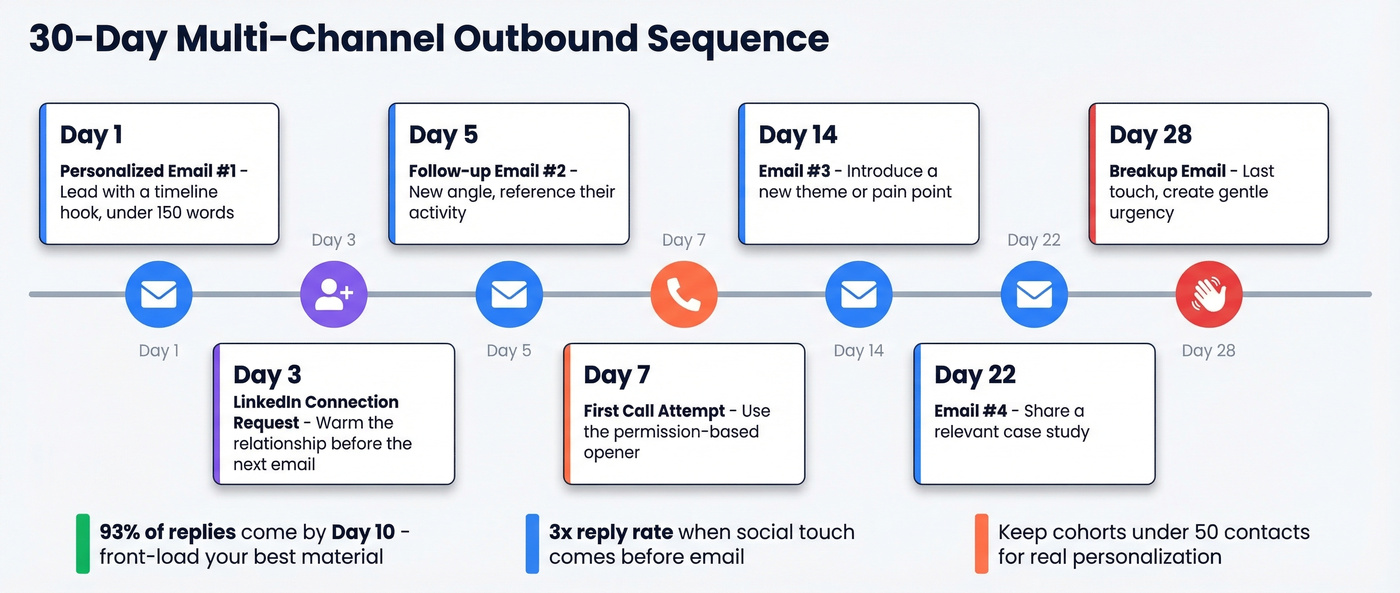 Multi-channel outbound sequence timeline over 30 days