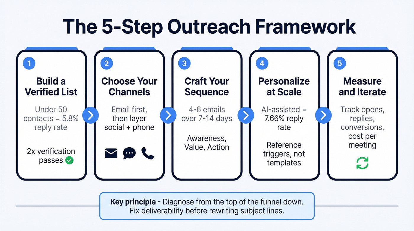 Five-step outreach framework from list building to iteration