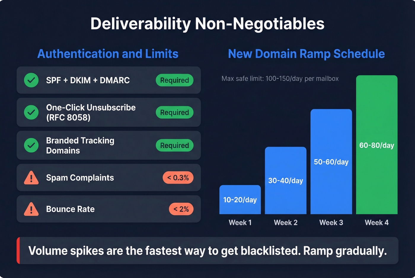 Email deliverability checklist with thresholds and ramp schedule