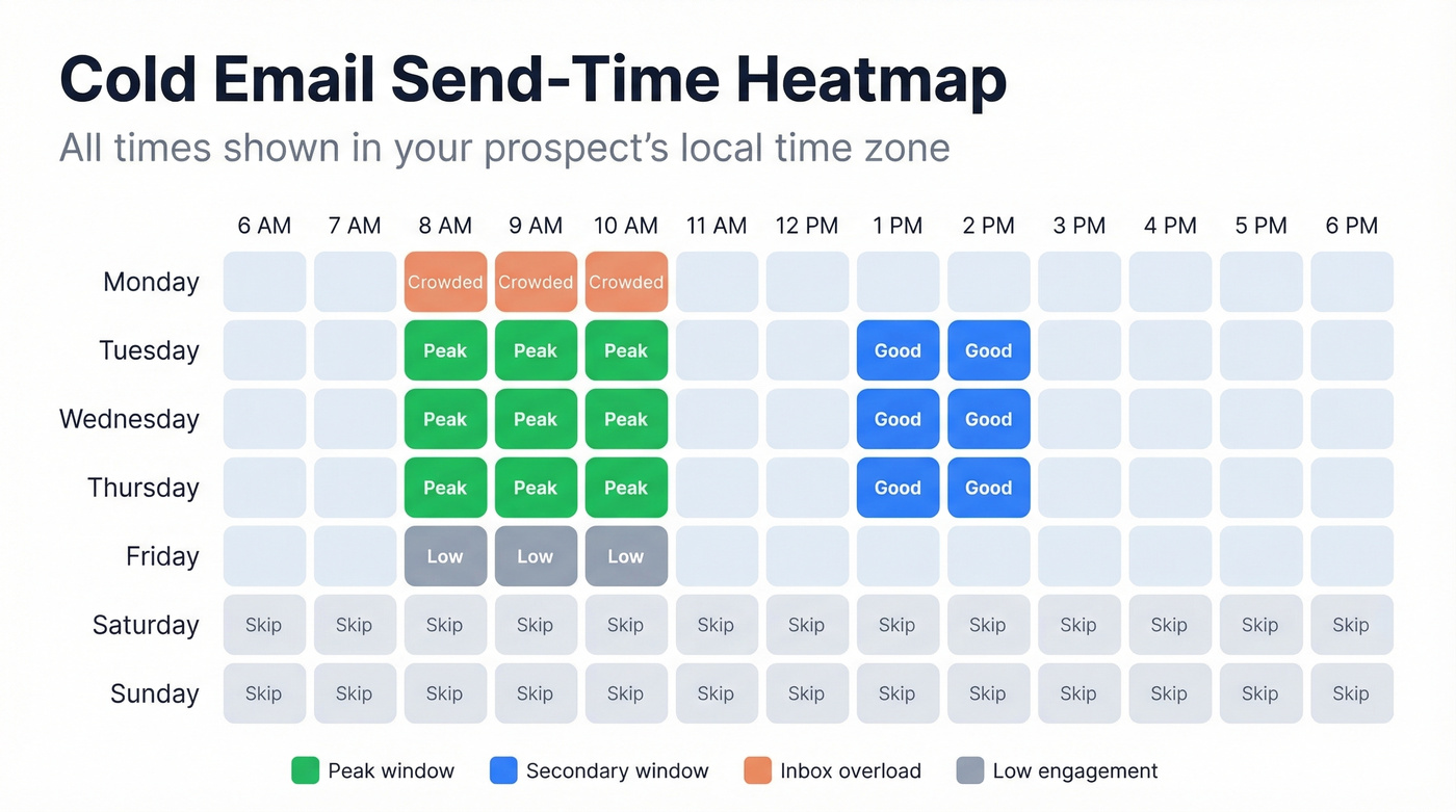 Weekly heatmap of best cold email send times