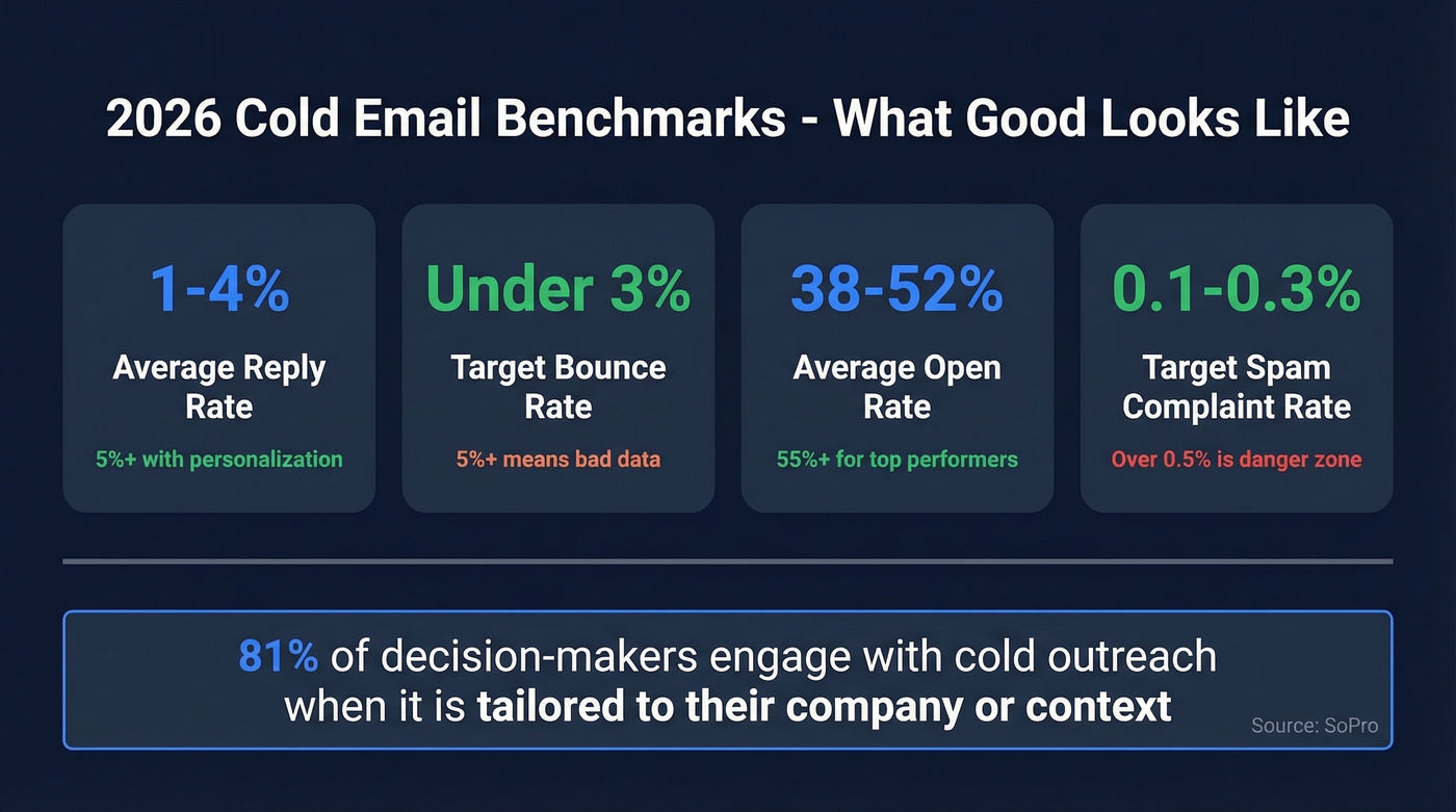 Cold email benchmark metrics for 2026