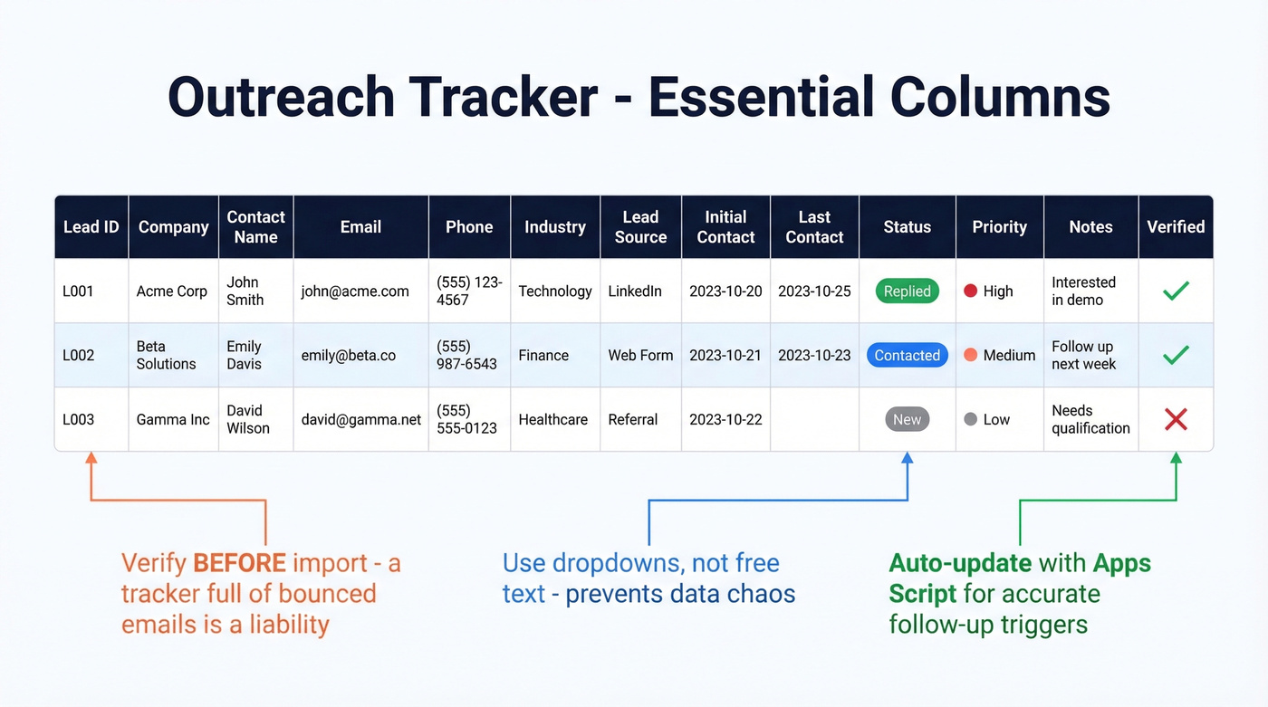 Outreach tracker spreadsheet column layout diagram
