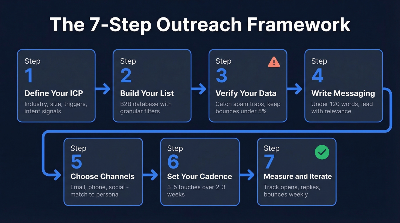 7-step outreach framework visual workflow diagram