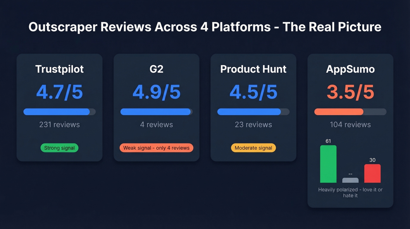 Outscraper review ratings across four platforms visualized