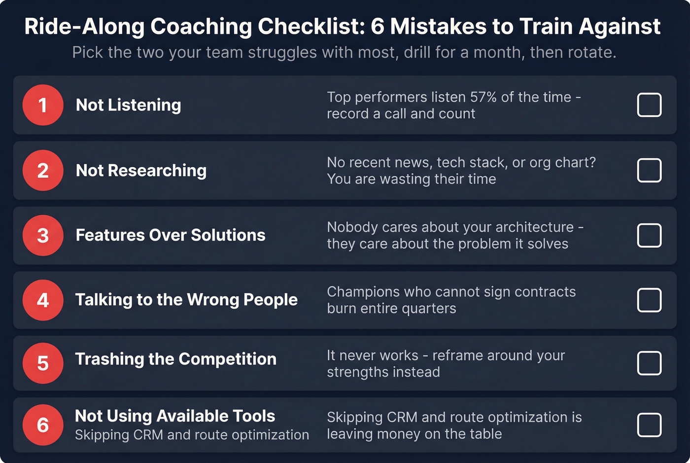 Six common outside sales mistakes coaching checklist