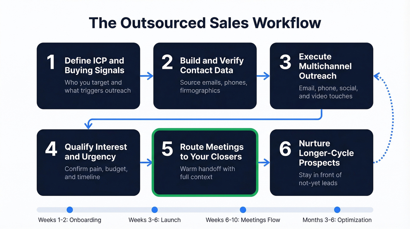 Six-step outsourced sales workflow from ICP definition to nurture