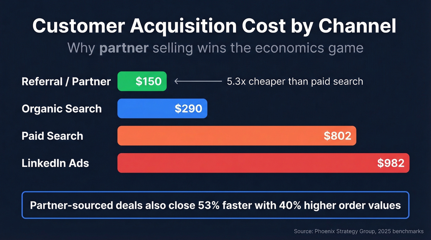 CAC comparison by channel showing partner selling advantage