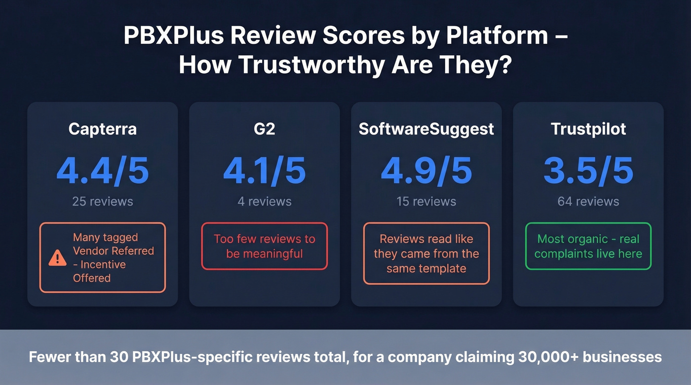PBXPlus review scores across platforms with trust indicators