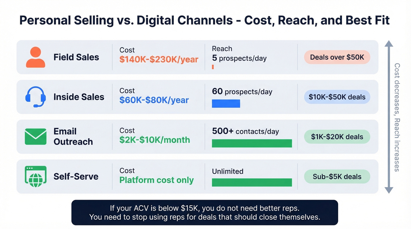 Personal selling vs digital channels cost and reach comparison