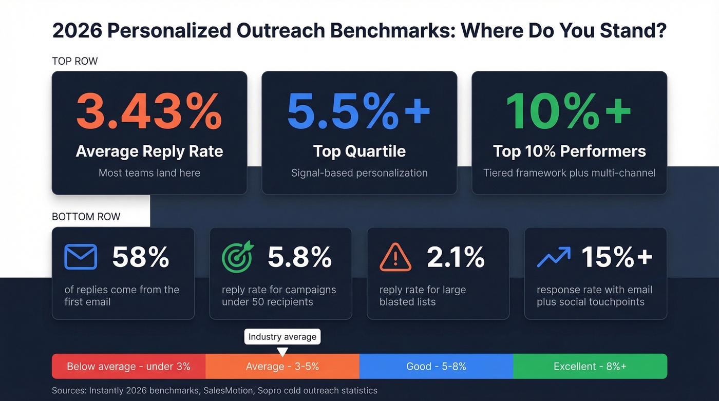 2026 outbound benchmarks dashboard with reply rates and key metrics