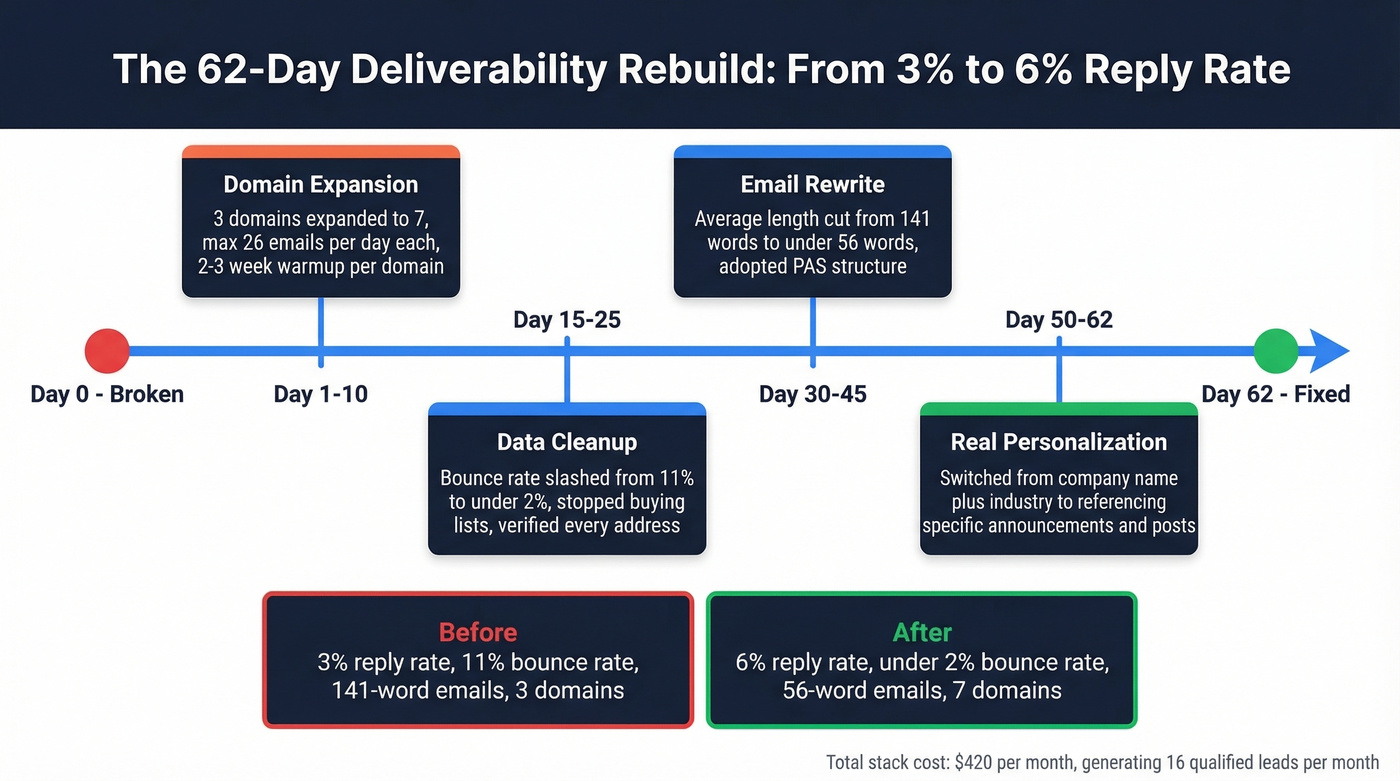62-day deliverability rebuild timeline with metrics before and after