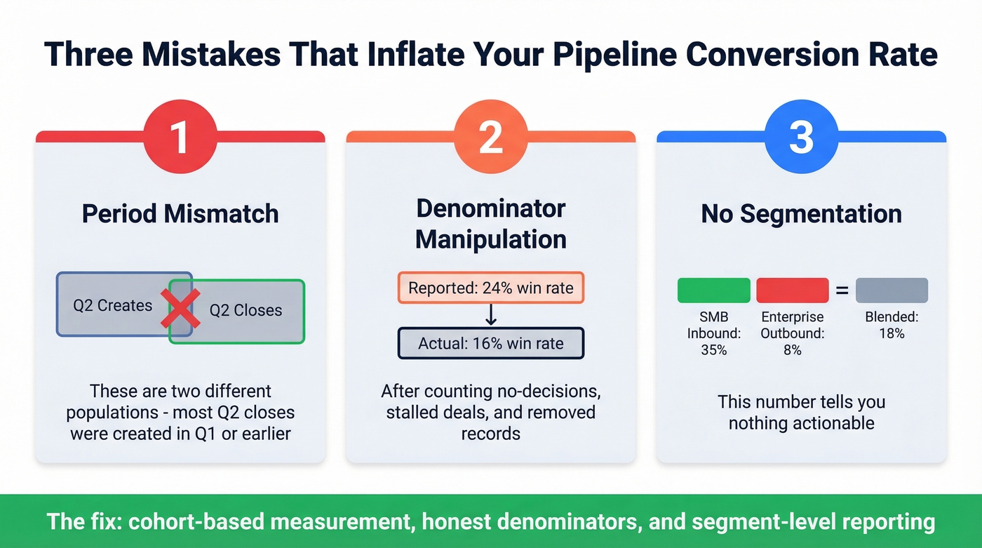 Three common pipeline conversion rate mistakes with visual examples