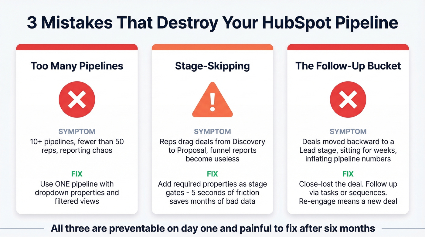 Three pipeline mistakes with symptoms and fixes diagram