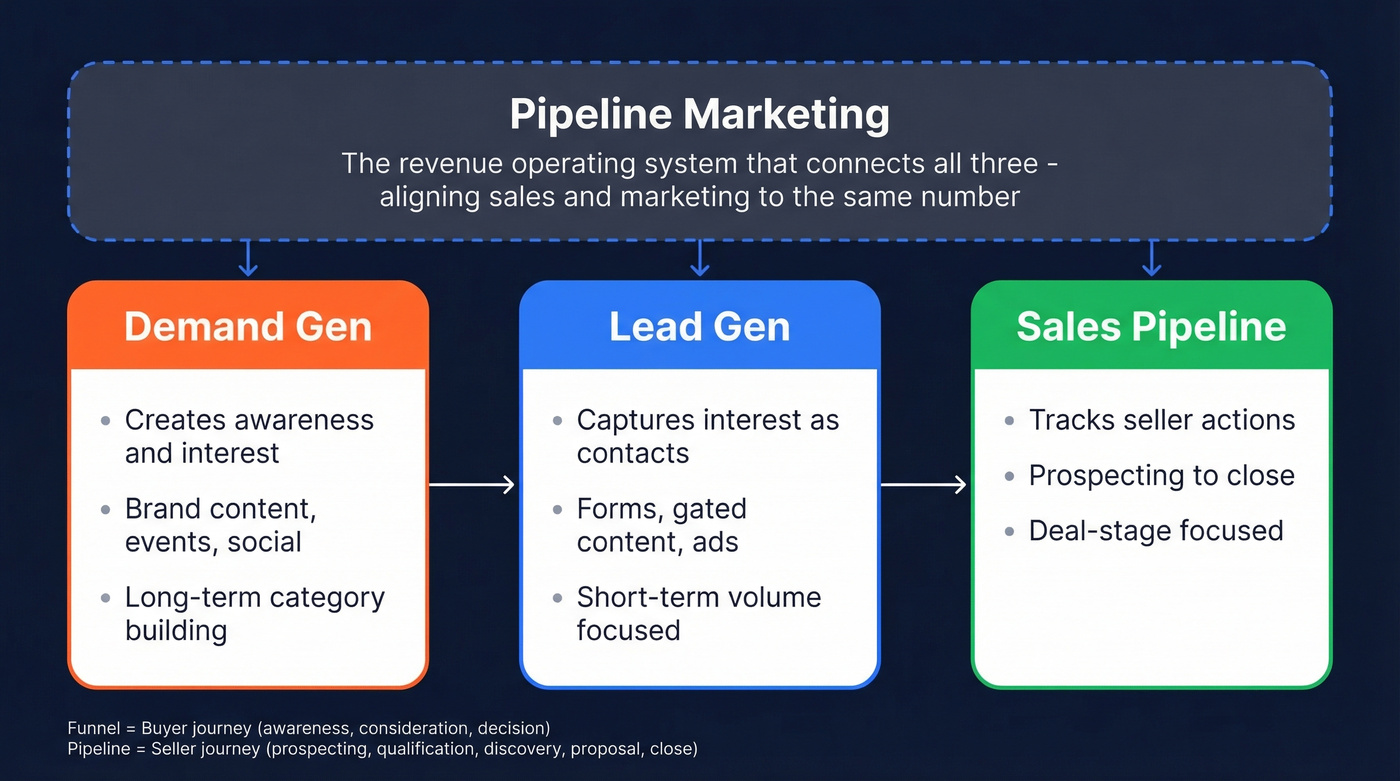 Pipeline marketing vs lead gen vs demand gen relationship diagram