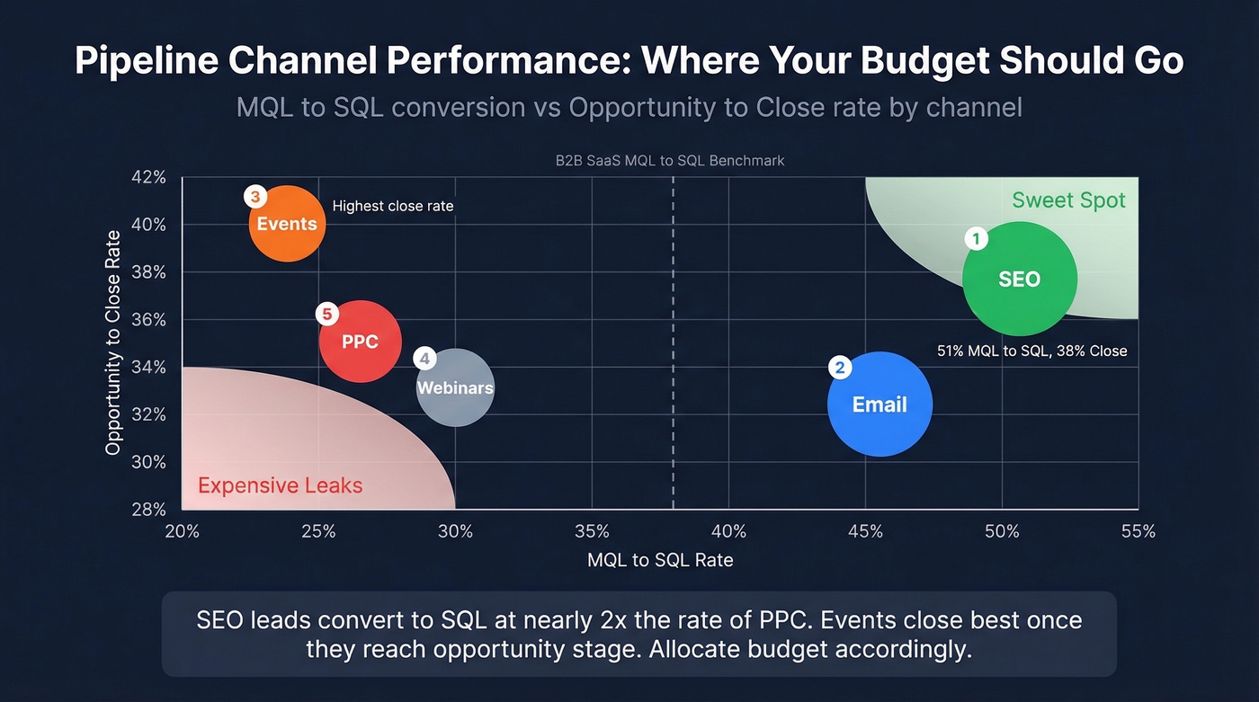 Channel conversion rates showing SEO vs PPC vs events