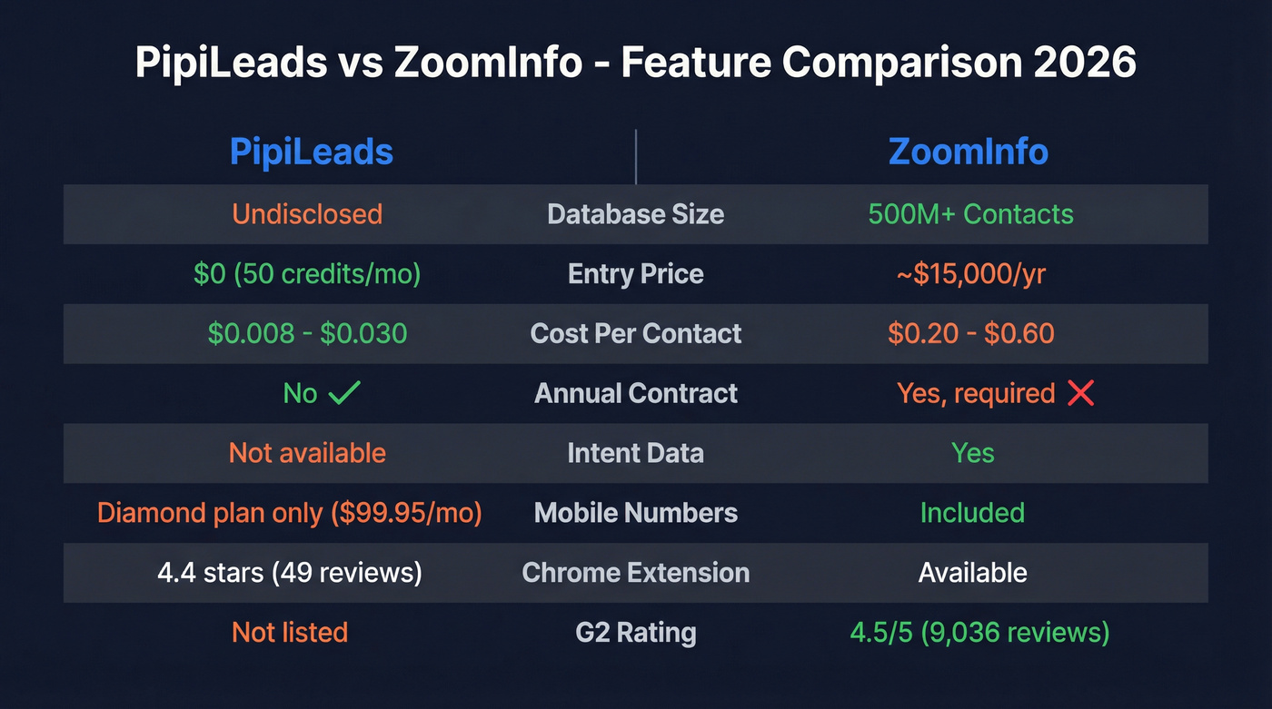 PipiLeads vs ZoomInfo head-to-head feature comparison diagram