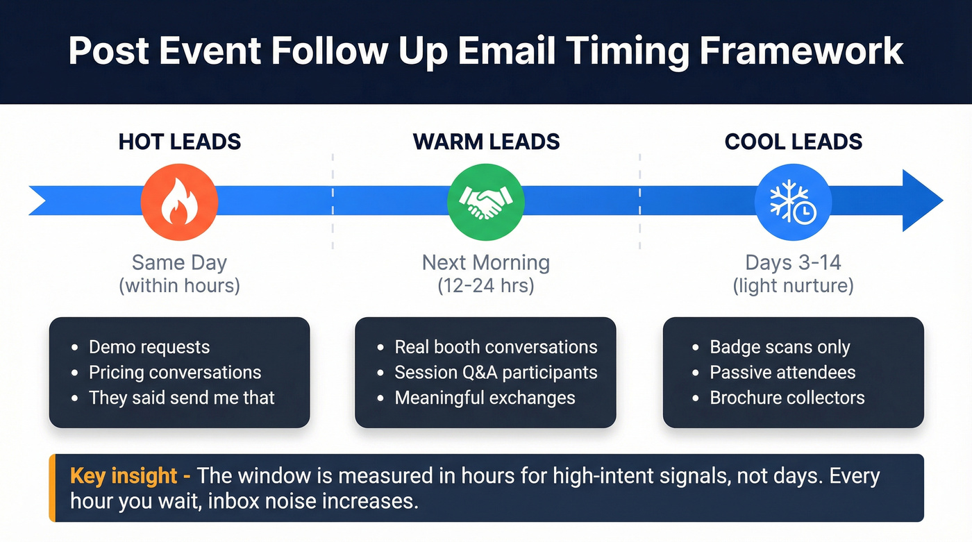Post event follow up email timing framework by lead temperature