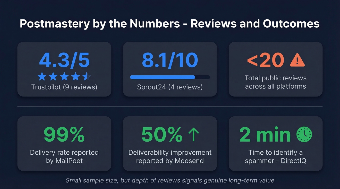 Postmastery review scores and customer outcome statistics