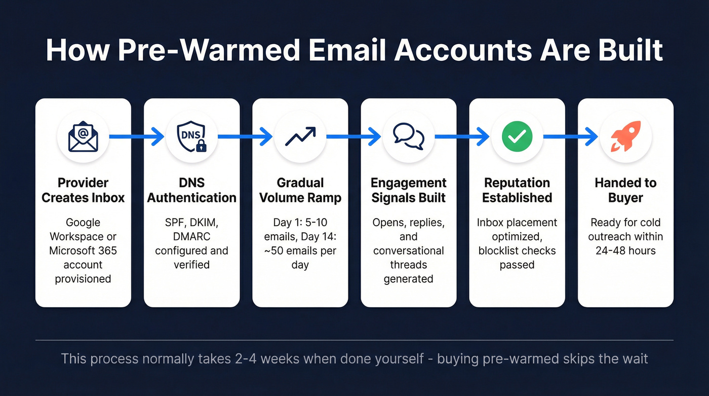 Pre-warmed email account lifecycle from creation to campaign launch