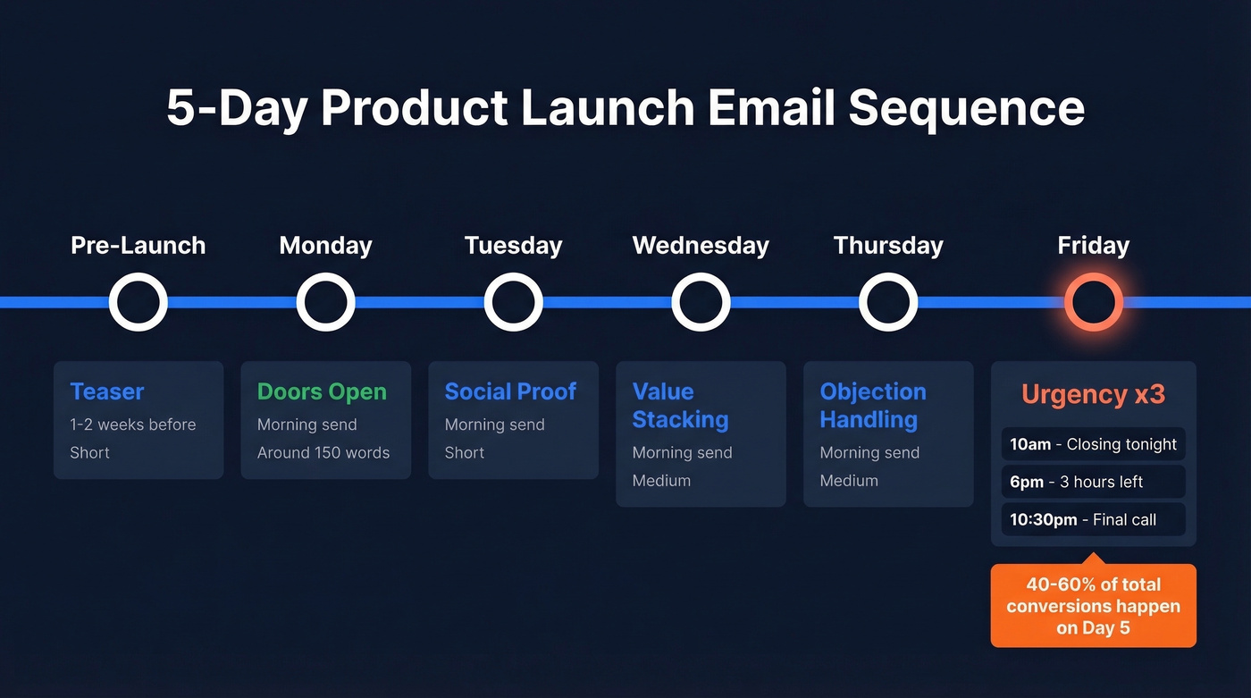 Five-day product launch email sequence timeline with send details