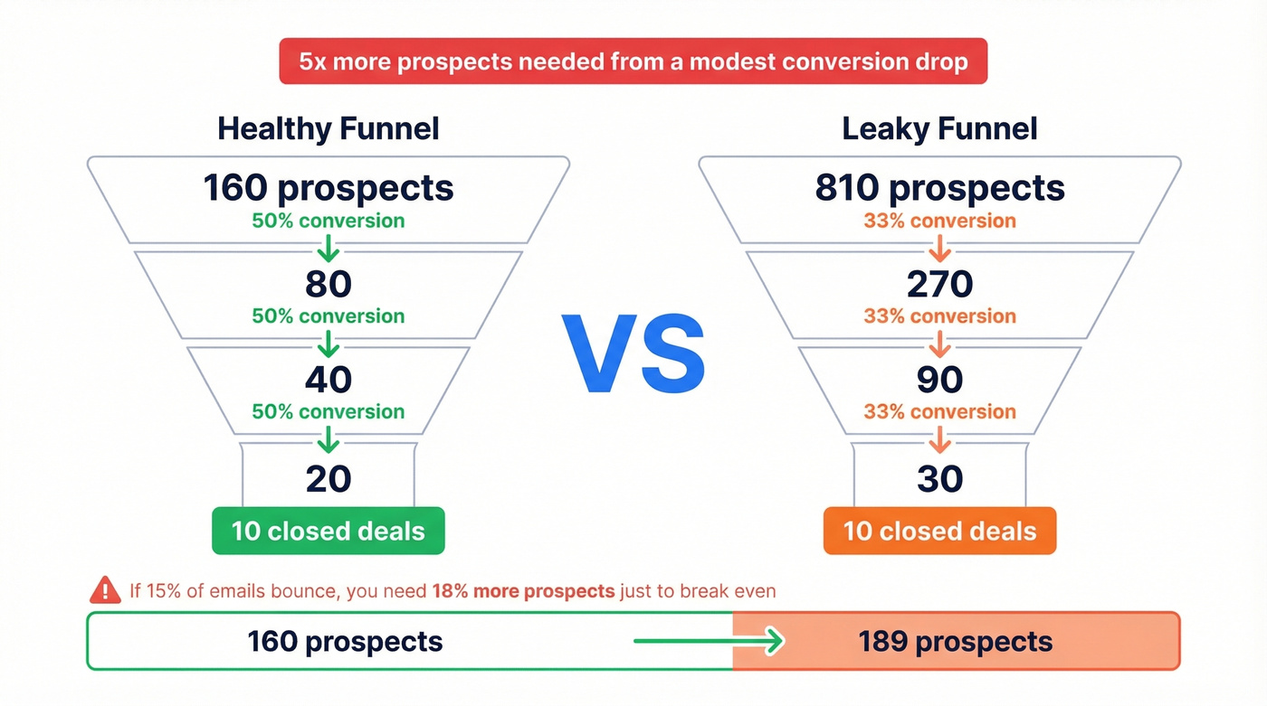 Funnel math showing how conversion drops multiply prospect requirements