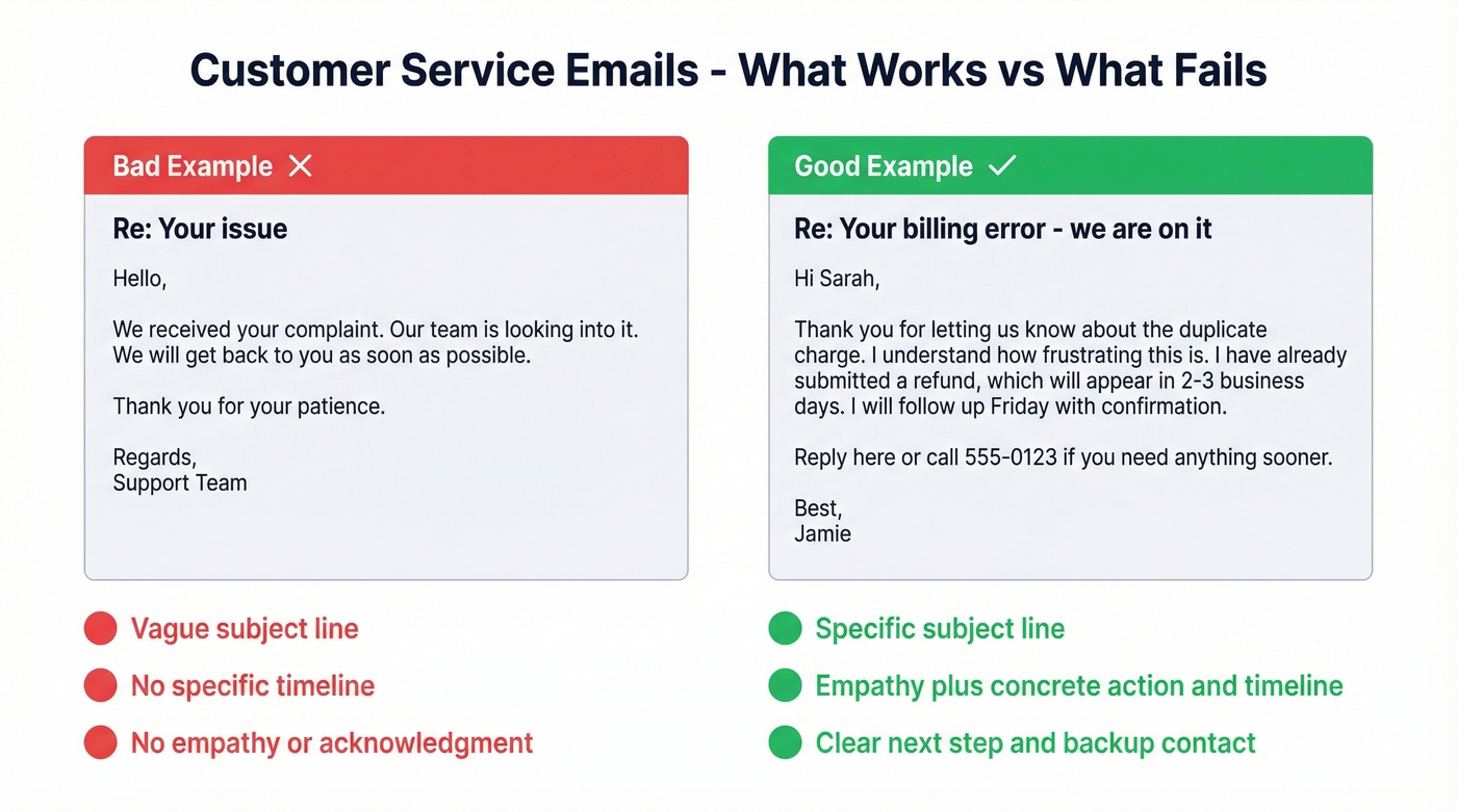 Good vs bad customer service email comparison