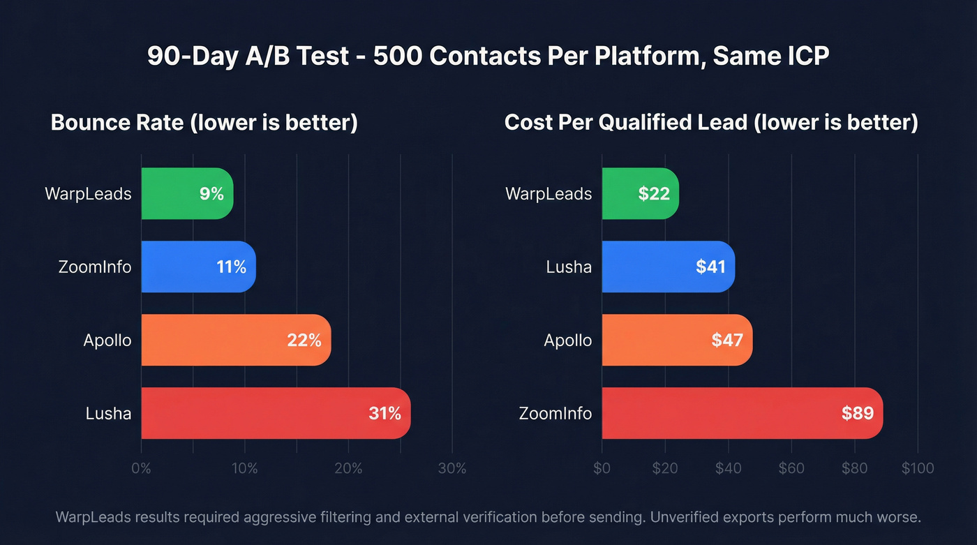 Bar chart comparing bounce rate and cost per lead across databases
