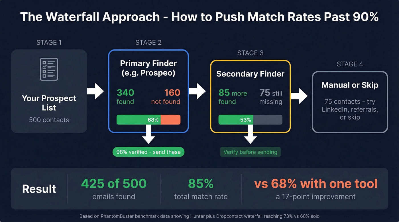 Email waterfall enrichment process showing multi-tool approach