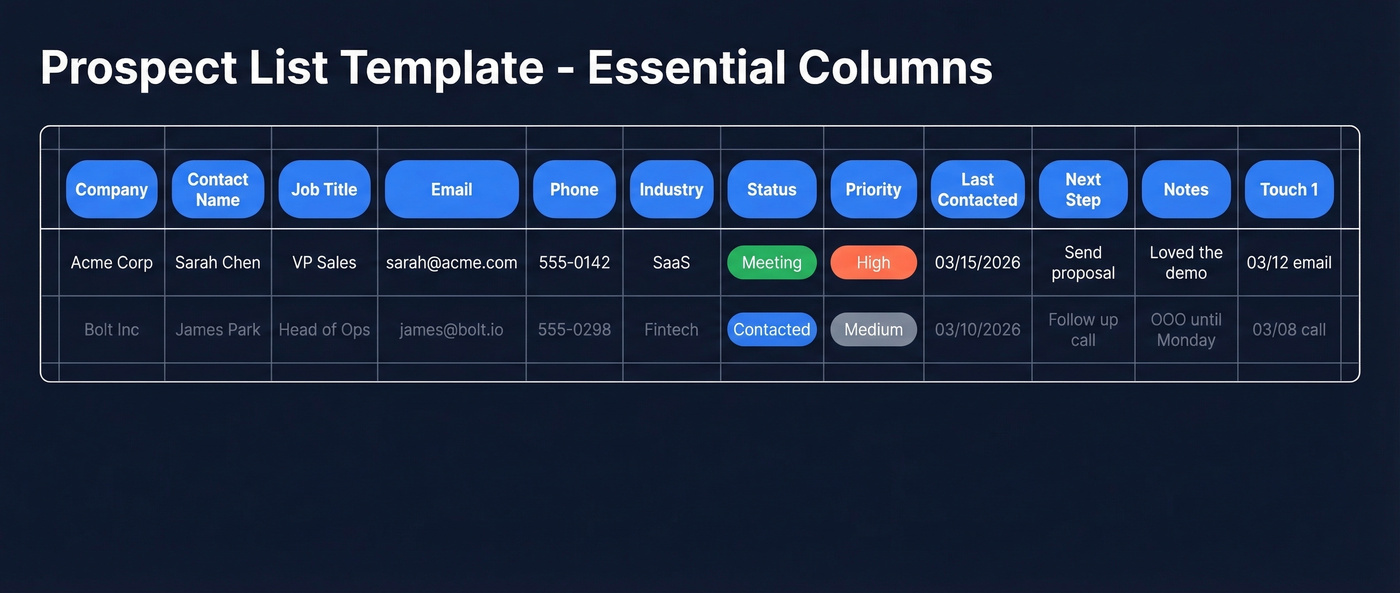 Visual Excel prospect list template column layout