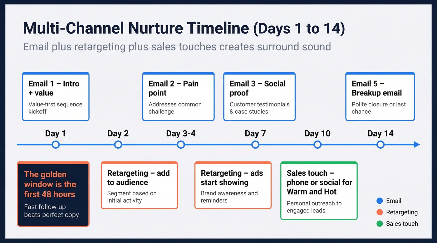 14-day multi-channel nurture timeline across channels