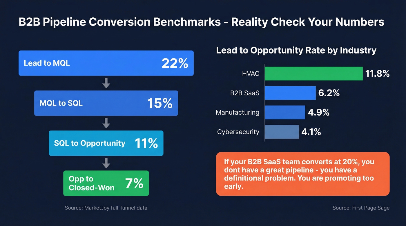 Funnel conversion benchmarks from lead to closed-won with industry rates