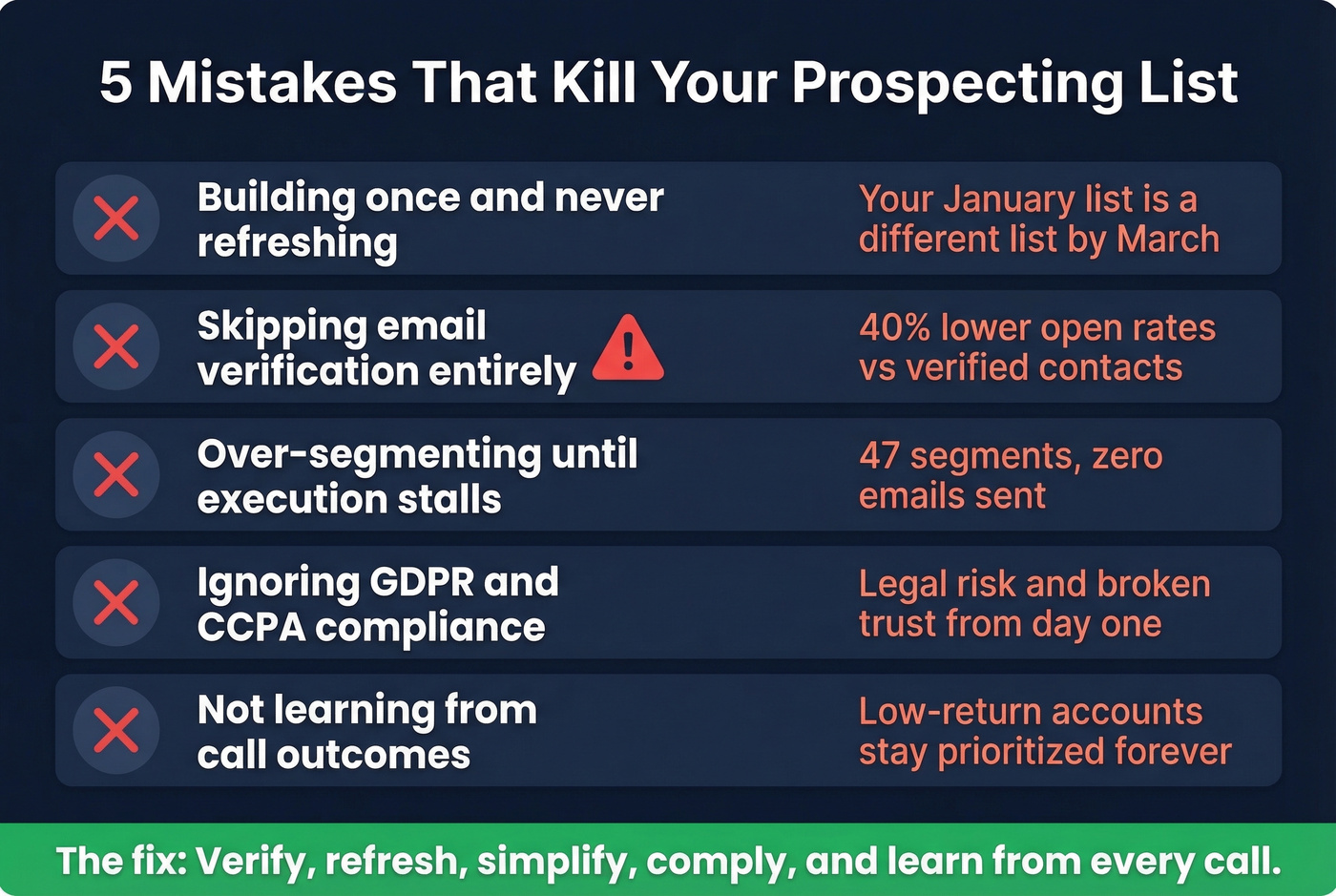 Visual checklist of five common prospecting list mistakes