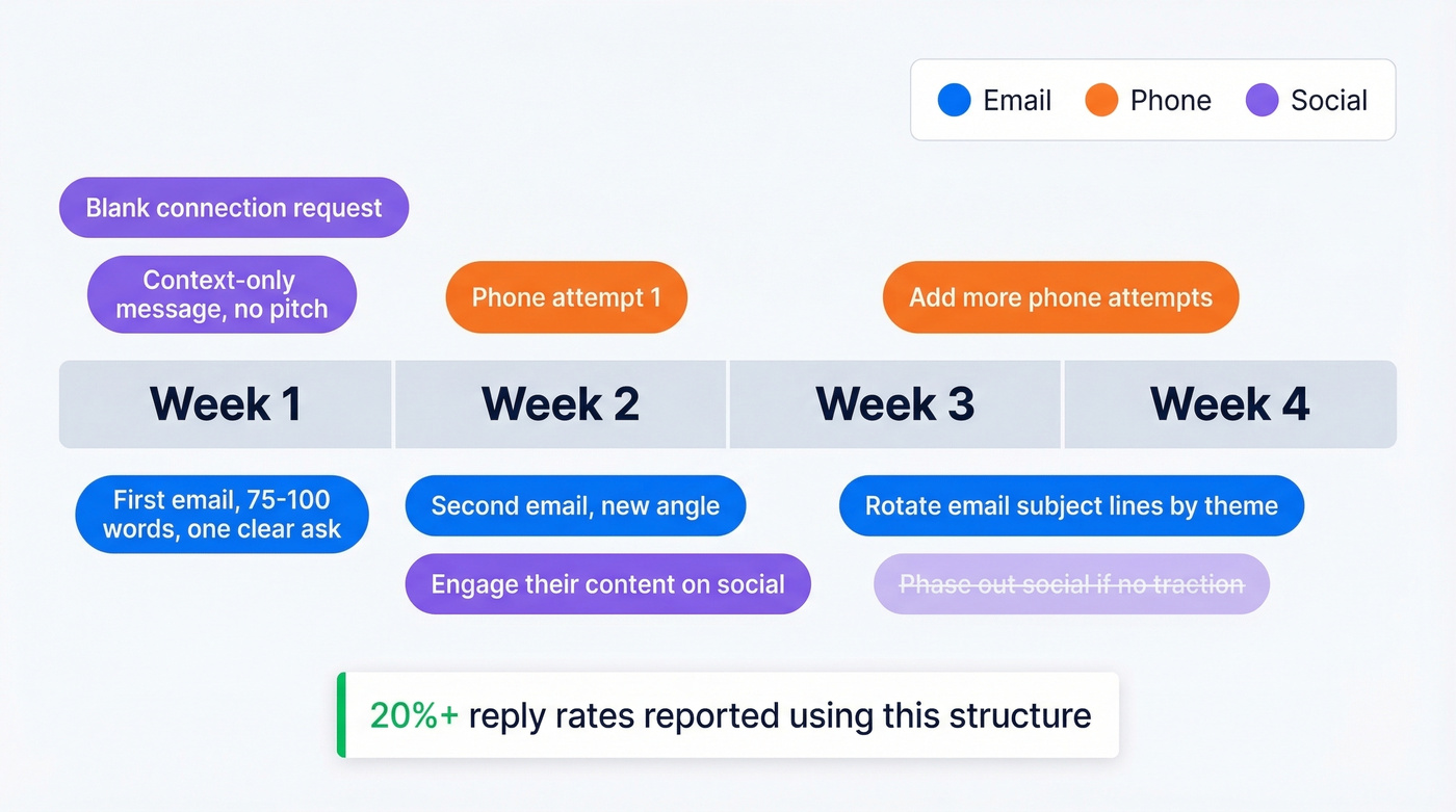 Multi-channel outreach cadence timeline over 4 weeks