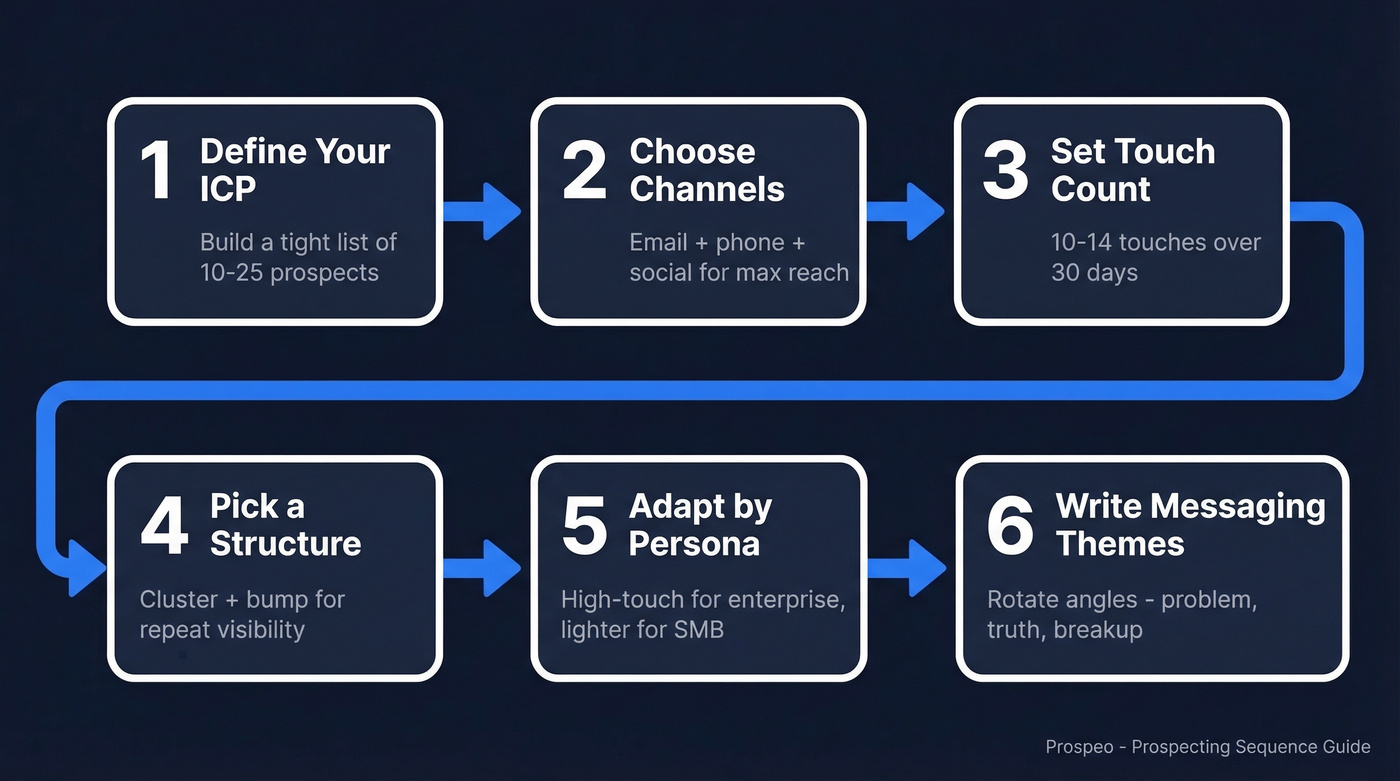 Six-step prospecting sequence building process flow chart
