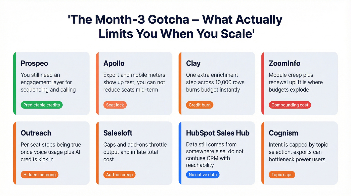 Month-3 gotcha comparison across top prospecting tools
