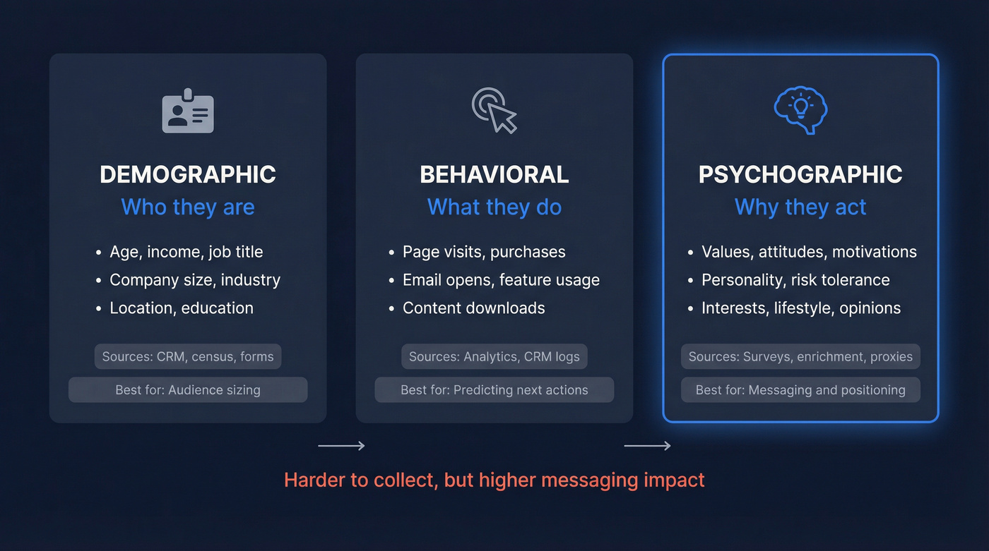 Visual comparison of psychographic, demographic, and behavioral data types