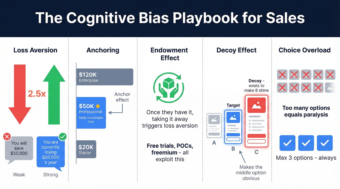 Five cognitive biases with gain vs loss framing visual comparison