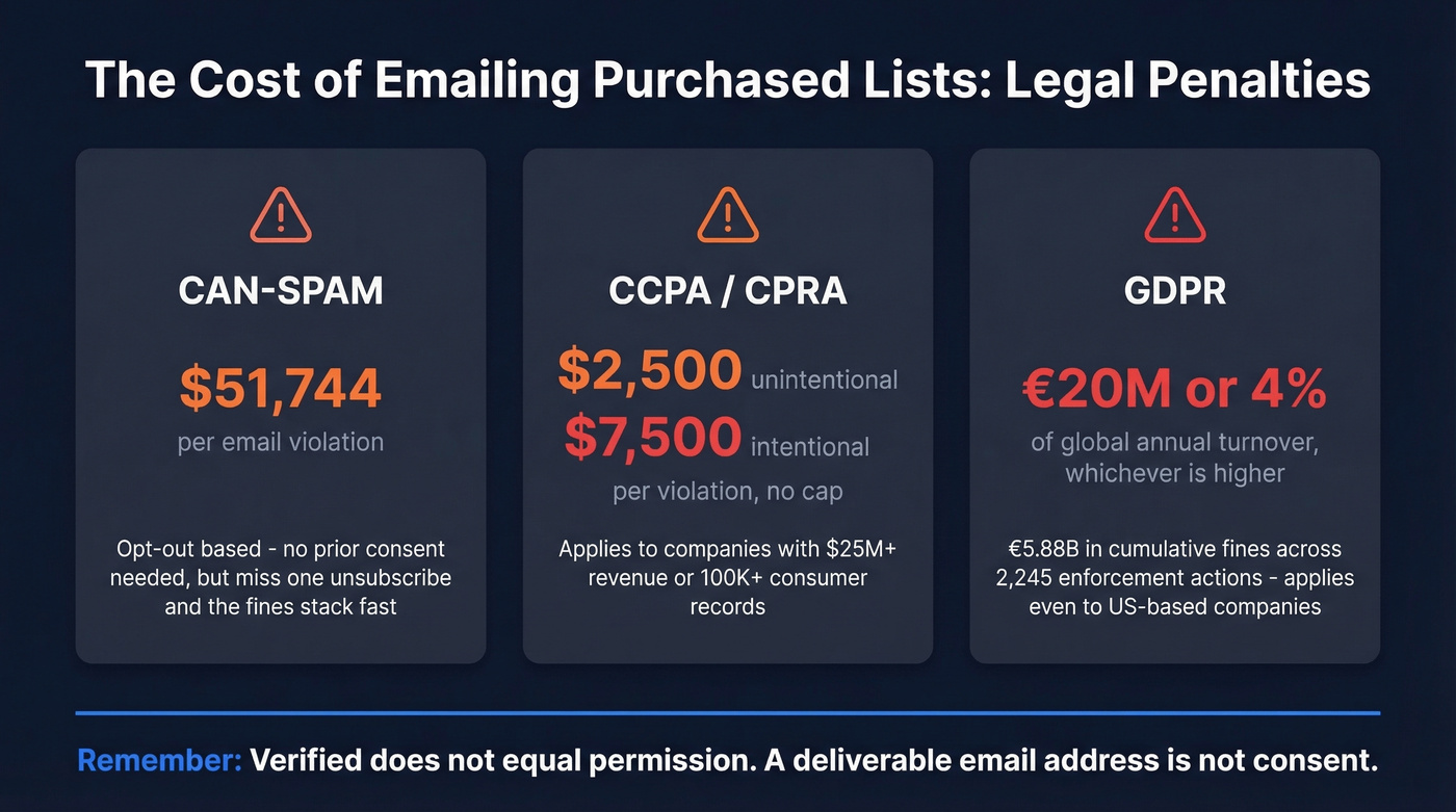 Legal penalty amounts for CAN-SPAM, CCPA, and GDPR violations