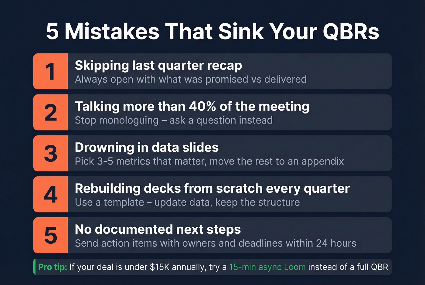 Five common QBR mistakes with visual warning icons