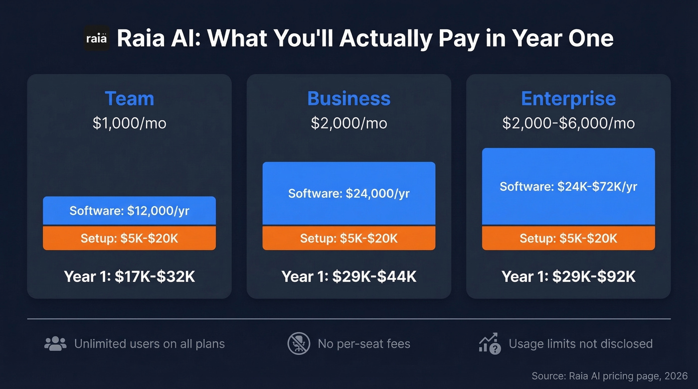 Raia AI year-one cost breakdown by tier