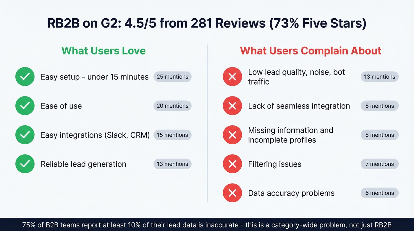 RB2B G2 review pros and cons visual summary