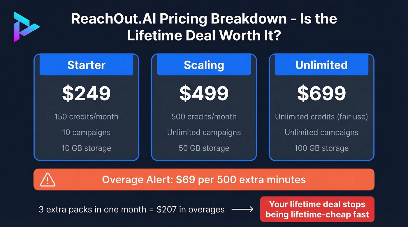 ReachOut.AI pricing tiers with overage cost breakdown