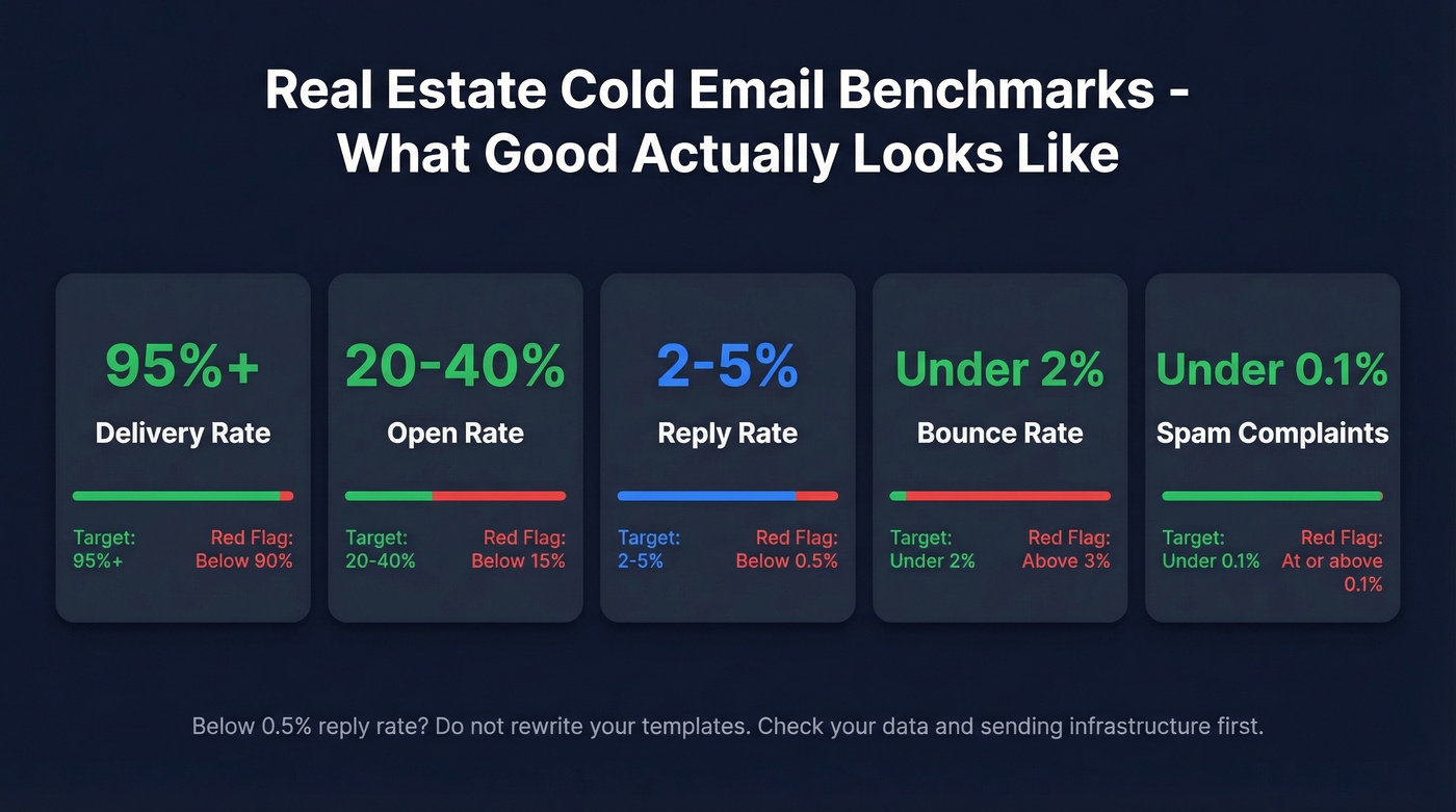 Real estate cold email benchmark metrics dashboard