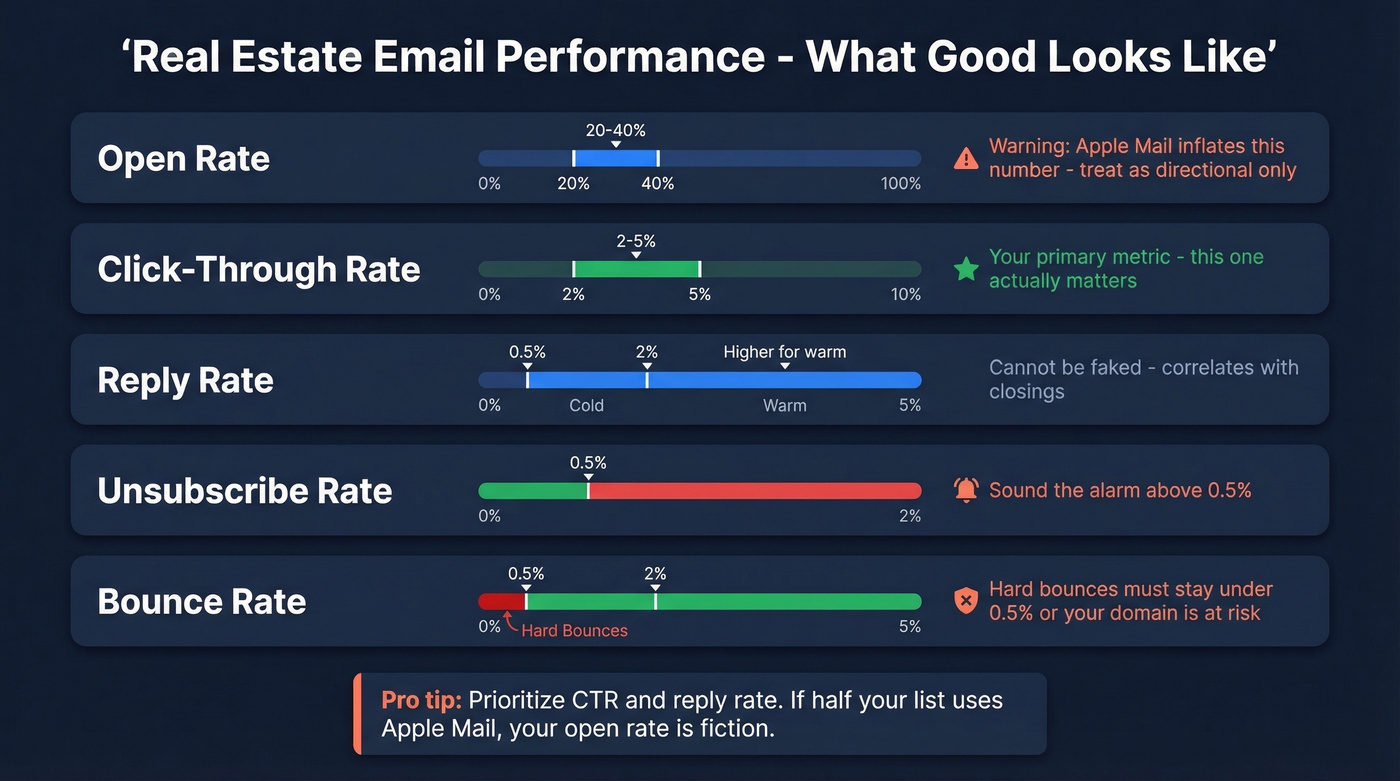 Email performance metrics dashboard with target ranges