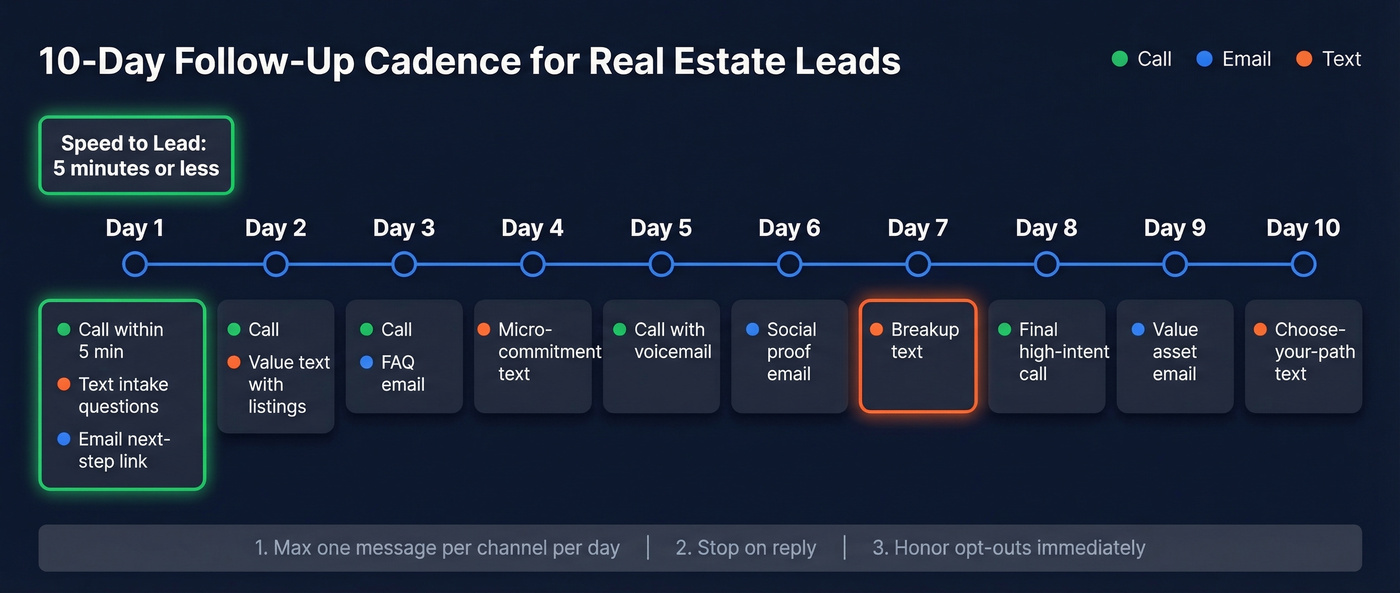 10-day real estate lead follow-up cadence timeline