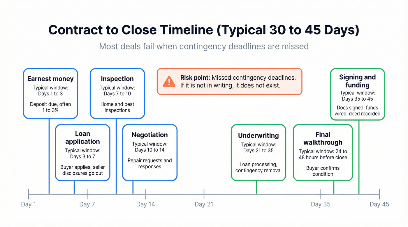 Contract-to-close escrow timeline with deadlines and risk point