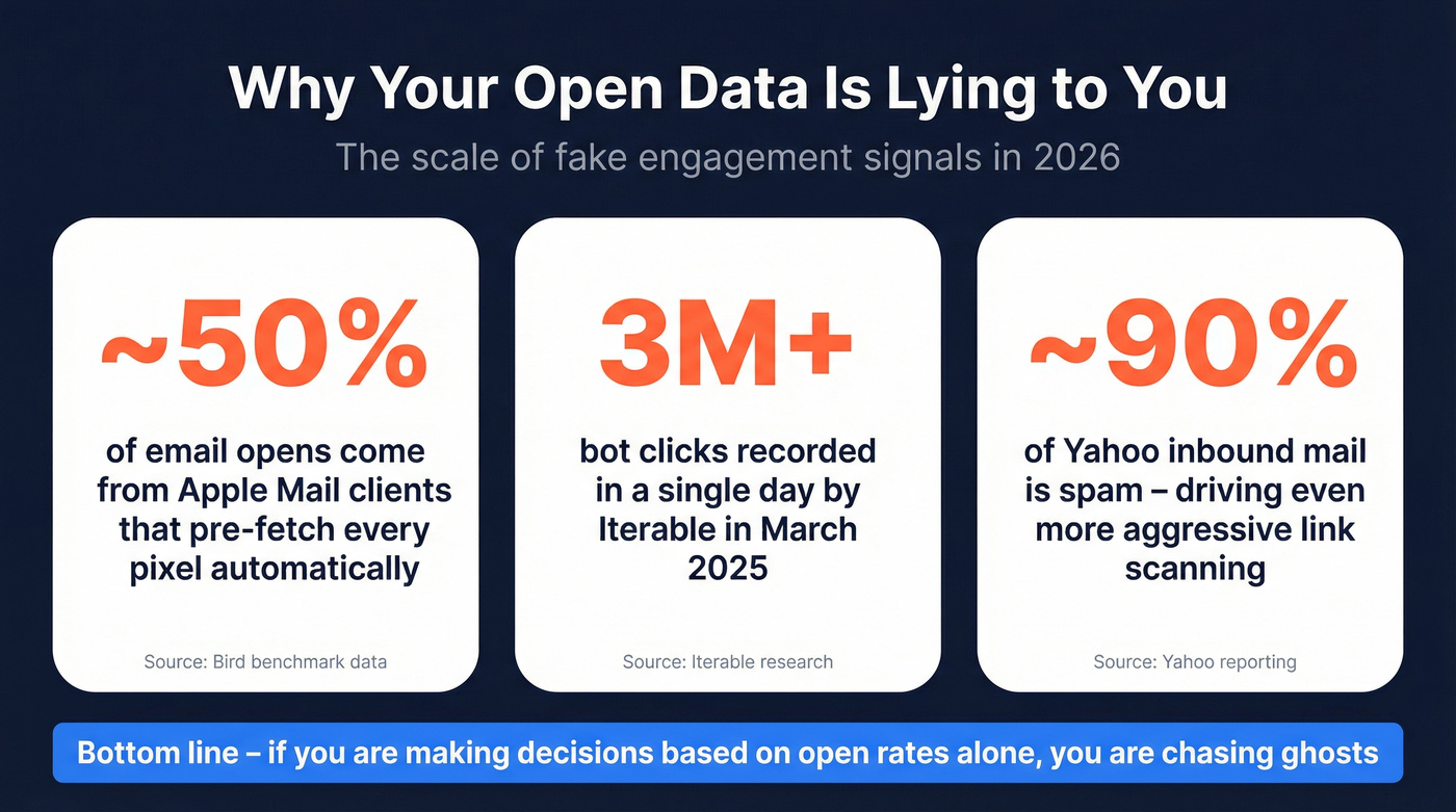 Scale of fake opens from bots and Apple MPP